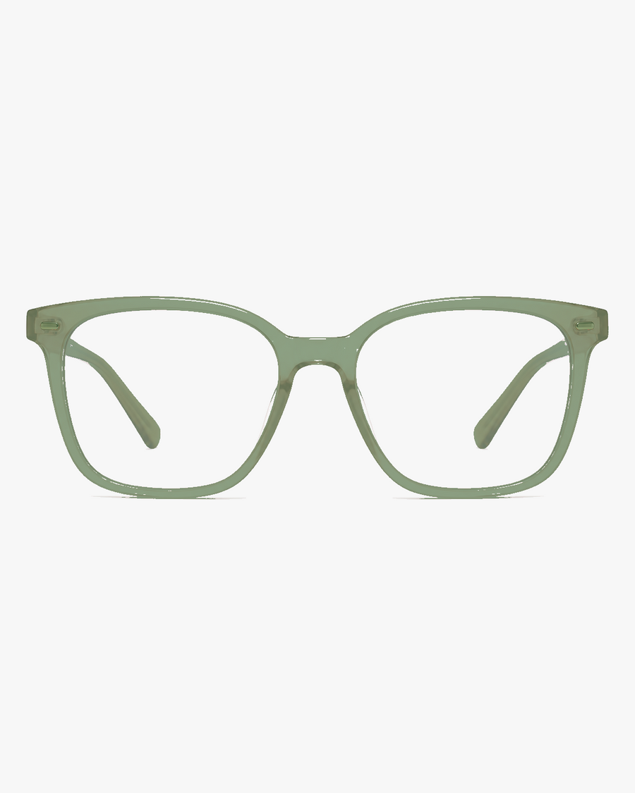 Willow Blue Light Glasses in Sage Green, front view on a light gray studio background
